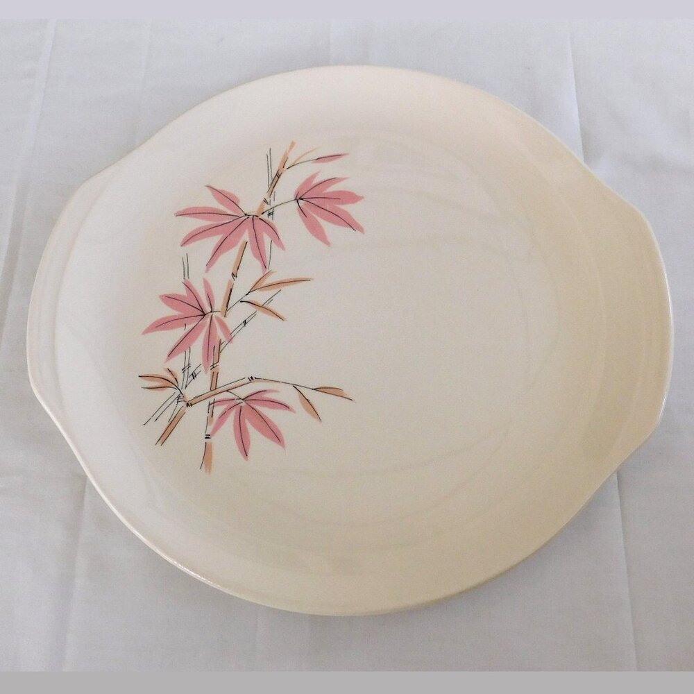 Vintage 1960s Salem China Pink Bamboo Pattern Tab Handled Serving Plate 10.75"